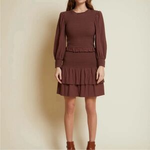 NATION LTD Abby Dress in Pinot Noir Smocked Ruffle Long Sleeve Cotton Size Small